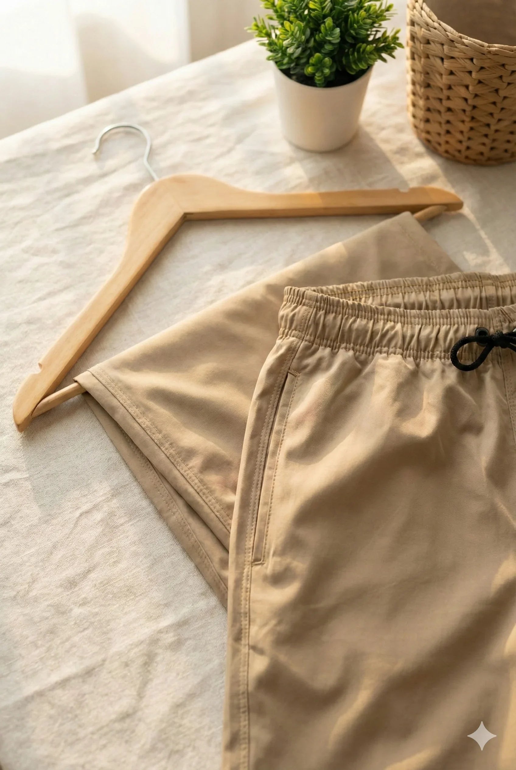 Close-up do tecido de uma Bermuda Masculina Tactel com Elastano, evidenciando a trama resistente e a cor bege areia, ideal para moda praia e casual.