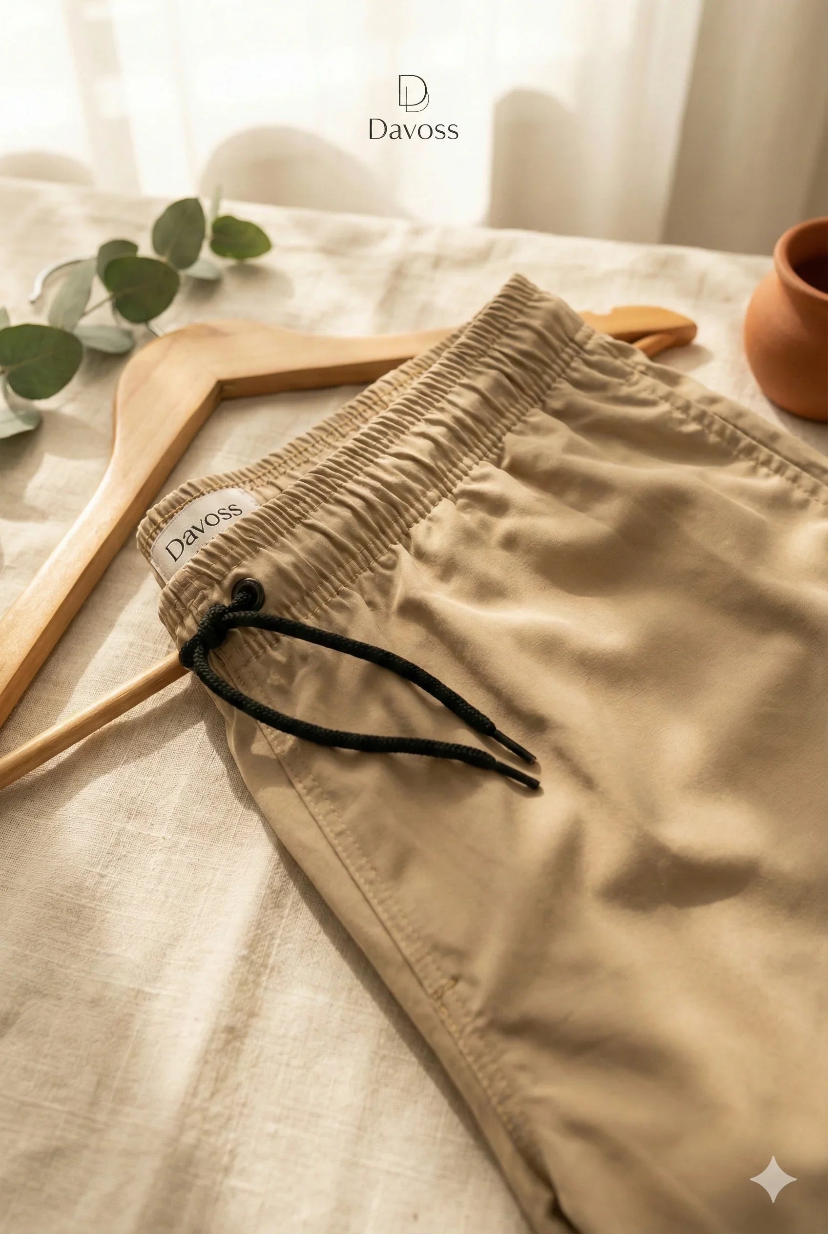 Close-up do tecido de uma Bermuda Masculina Tactel com Elastano, evidenciando a trama resistente e a cor bege areia, ideal para moda praia e casual.